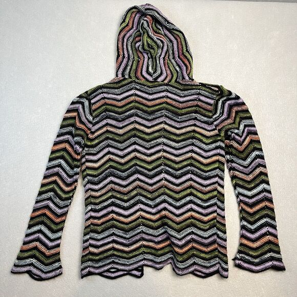 VTG Y2K Open Cardigan Knit Sweater Hooded Rainbow Zigzag Chevron Unbranded Small - Picture 5 of 6